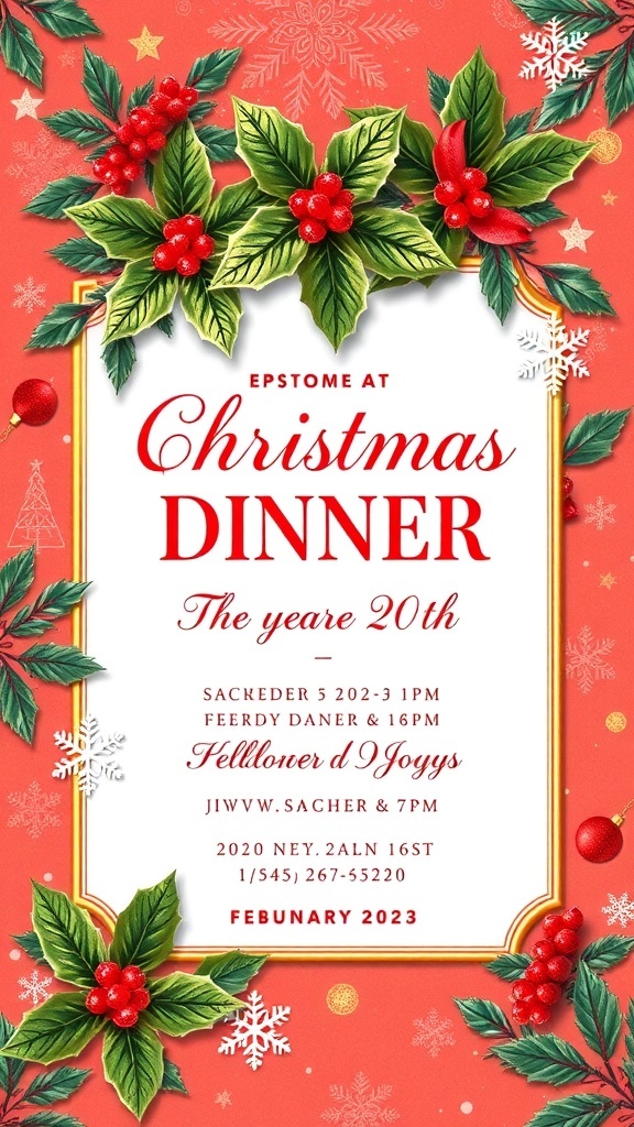 A festive Christmas dinner invitation card with holly and snowflakes design, featuring elegant typography.